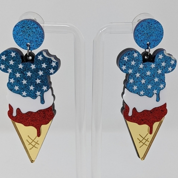 Mickey Mouse American flag inspired popsicle glitter drop earrings - Picture 2 of 7